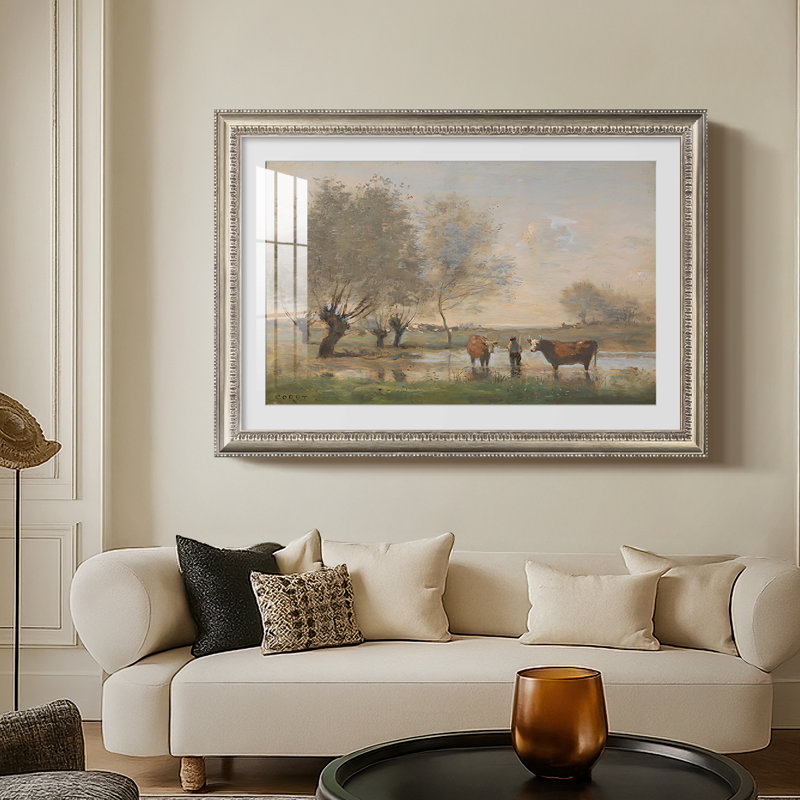 Cows in a Marshy Landscape, c. 1873-1874-Jean-Baptiste-Camille Corot-Custom Framed Canvas, Yes, Beaded Pewter Satin, 24X34