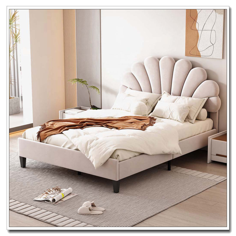Upholstered Platform Bed with Flower Pattern Velvet Headboard, Beige, Full
