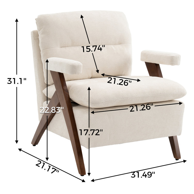 Mid Century Upholstered Arm Accent Chair with Solid Wood Legs, Ivory