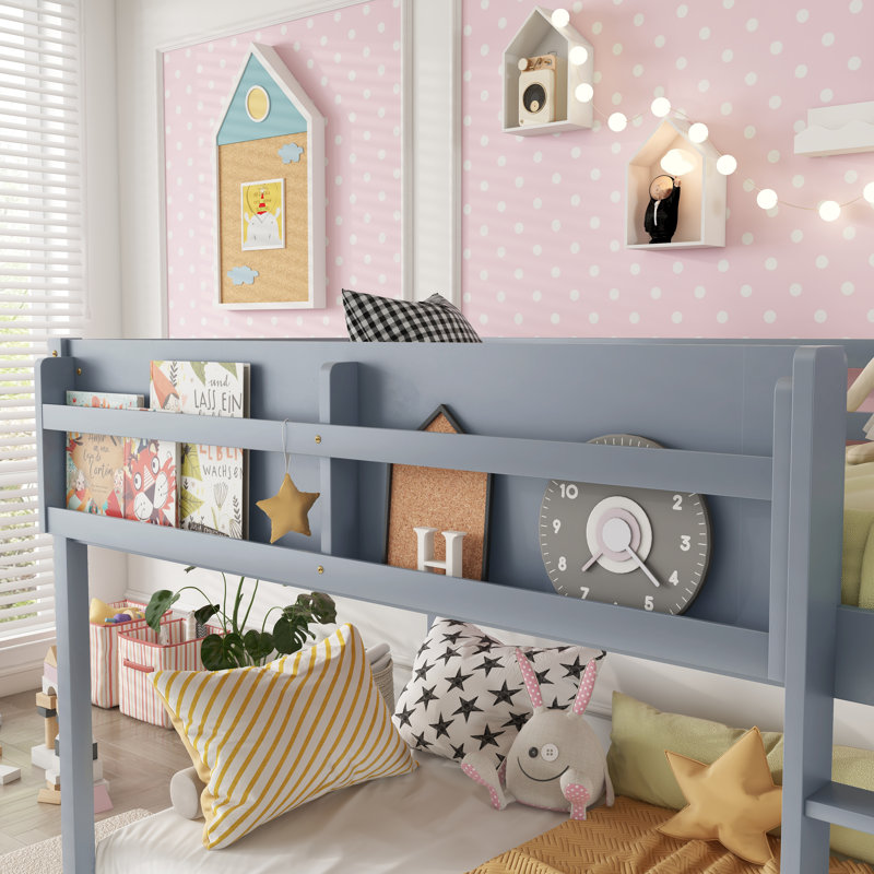 Lit superposé bas simple au-dessus de simple avec échelle - lit superposé en bois massif pour enfants et enfants, gris, Gris