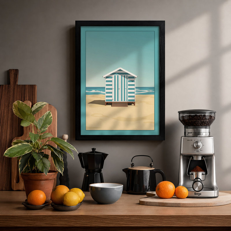 Striped Beach Hut Coastal - Framed Print, A1 - 84.1 x 59.4 cm, Black