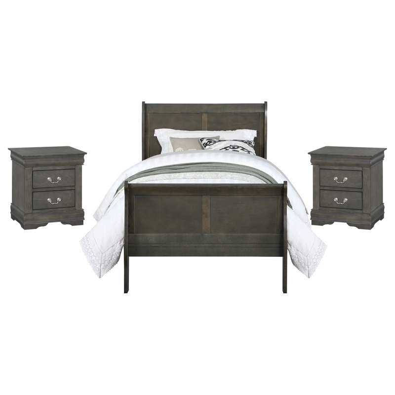 Ensemble de chambre à coucher Engstrom, Gris foncé, Double, 3 pièces : 2 table de chevet, 1 lit