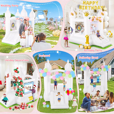 Jeu gonflable blanc intérieur / extérieur pour enfants de 2 à 8 ans avec ballons, toile d'eau magique, boules de cible de fléchettes, jeu de fléchettes de bar, basketball, château de saut 102 x 70 x 97 avec glissade pour fête d'anniversaire, mariag