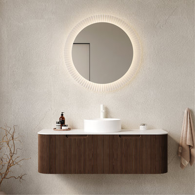 Meuble-lavabo de 48 po avec lavabo rond en céramique blanc brillant, contreplaqué rayé 3D noyer foncé, système de tiroir à fermeture en douceur, pré-assemblé, grand rangement, évier facile à installer, armoire, 2 pièces