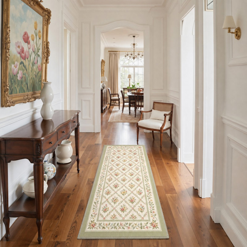 Tapis de couloir géométrique ivoire / vert lavable à la machine avec envers antidérapant, Tapis de couloir 2 pi 5 po x 8 pi