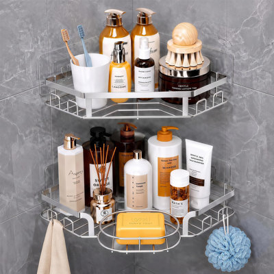 Étagère de douche en coin, organisateur de douche antirouille avec porte-savon et 8 crochets, noir