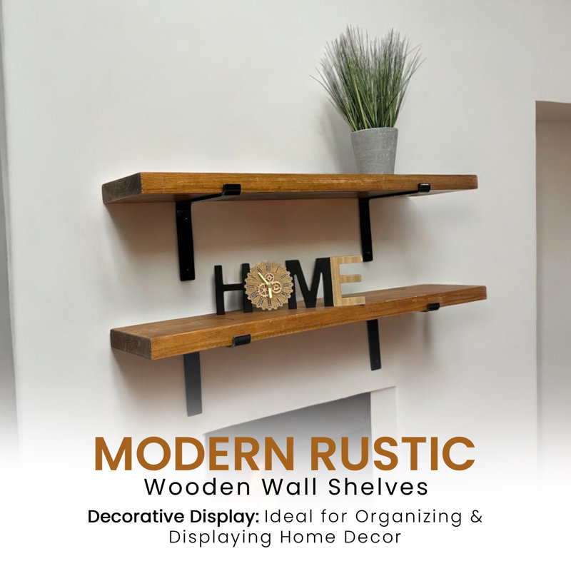 Lemieux Handcrafted Rustic Wooden Wall-Mounted Floating Shelves with Black L Brackets, 4.5cm H x 80cm W x 22cm D, Dark Oak