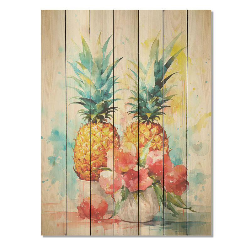 Aquarel Pineapple Painting - Pineapples On Wood Print, 40" H x 30" W