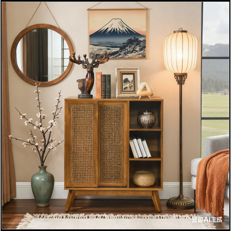 Buffet en rotin, armoire pour vestibule, cuisine, salle à manger, tablette réglable, pieds en bois massif et portes en rotin