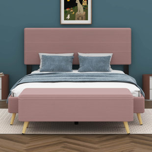 2 Pieces Bedroom Sets Queen Size Upholstered Bed Frame With Corduroy Storage Ottoman