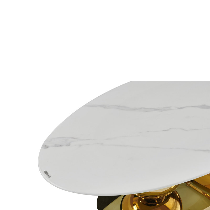 Table basse 51,20 pouces ovale en faux marbre pour le salon, design moderne, base en acier inoxydable à motif de marbre blanc.