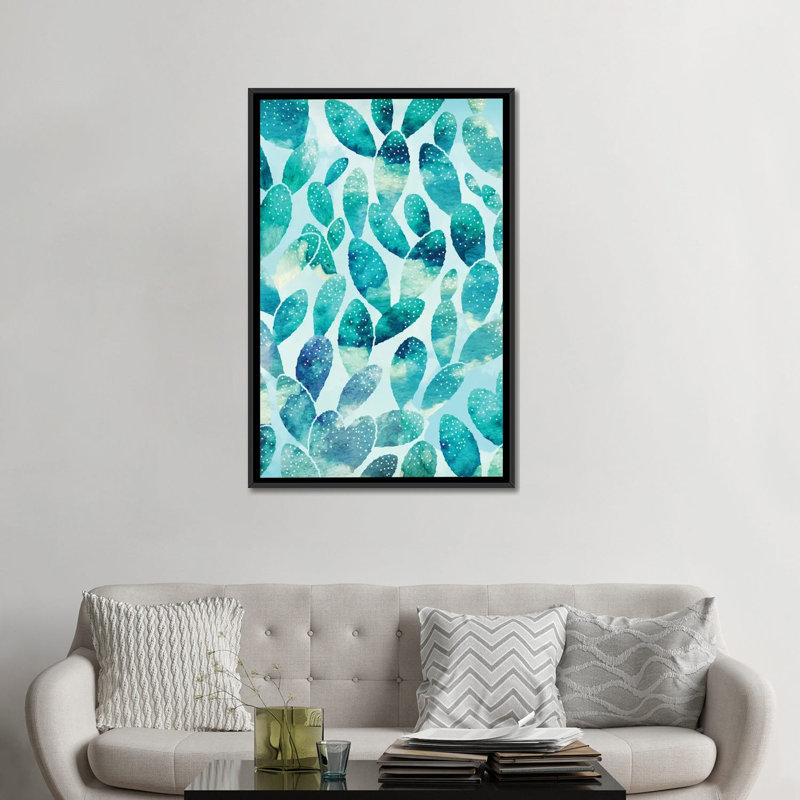 « aquarelle cactus », peinture sur toile, H 26 po x l 18 po x P 1,5 po, Toile encadrée noire, Pas de tapis