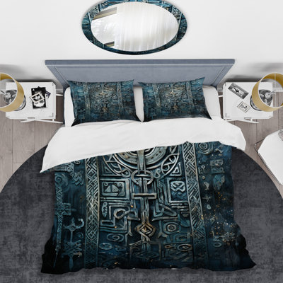 Ensemble de housse de couette bleu et doré Maya Tile Impressions I - Abstract Tile