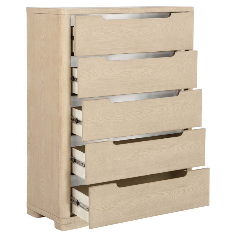 Commode pour chambre en orme à 5 tiroirs Mirador avec rangement spacieux et design élégant, parfaite pour les chambres à coucher modernes.