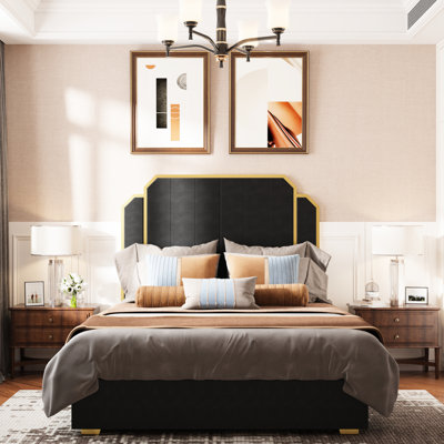 Grand lit contemporain tapissier, tête de lit 59 po avec garniture en métal, aucun sommier nécessaire pour recouvrir le velours de la chambre à coucher, placage, requis