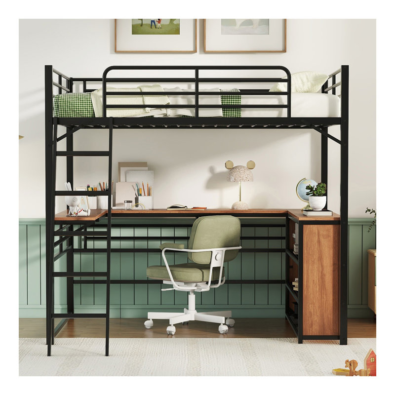 Lit mezzanine double en métal avec 3 couches de tablettes et bureau en L, noir
