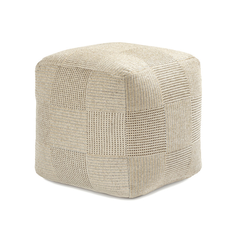 Marta 20" Cream Checkered Upholstered Pouf Ottoman, Beige