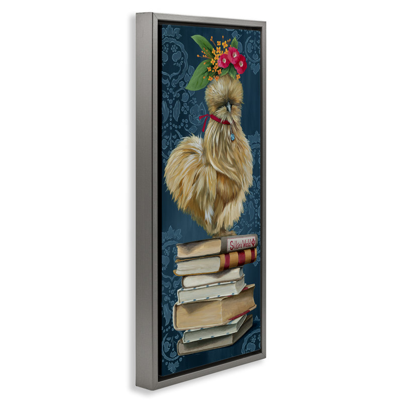 Poulet campagnard sur cadre flottant de bibliothèque, design par Heather Gauthier, H 25 po x l 11 po