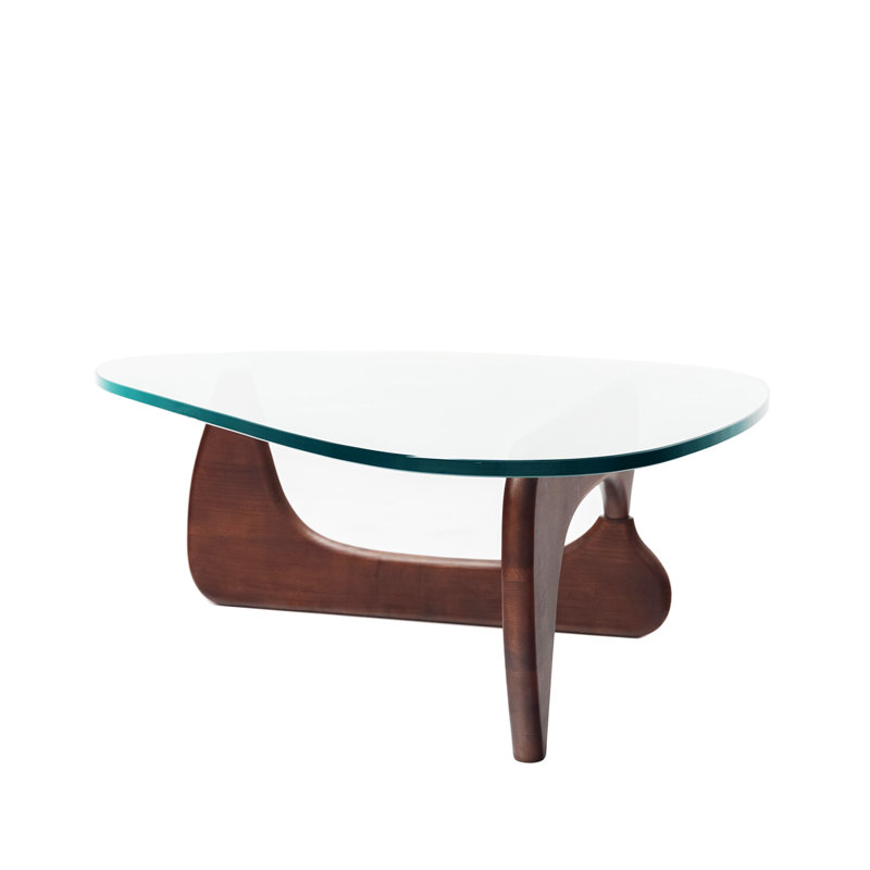Abstract 51 "Mid-Century  Premium Triangle Glass Top Coffee Table With Solid Wood Base, Dark Walnut