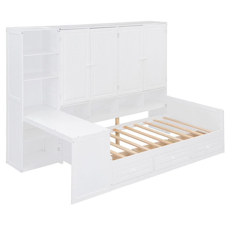 Wooden Daybed With Three Drawers, and All-in-One Cabinet, Desk and Shelves, Twin, White