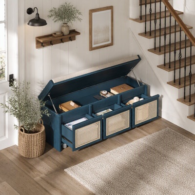 Banc de rangement à chaussures 48 po en MDF bleu marine antique, pieds en bois massif bleu marine pour le vestibule de la chambre à coucher du salon
