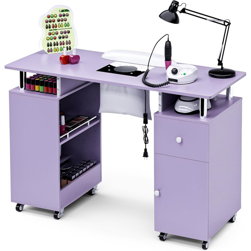  Bureau à clous professionnel Kylan avec dépoussiéreur, coussin chauffant et multi-rangements, Mauve