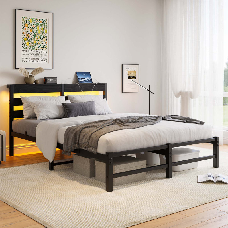 Queen Black Metal Bed Frame with Wooden Headboard and RGB Lights