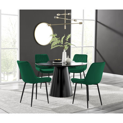 Edward Statement Pedestal Dining Table Set with 4 Luxury Velvet Upholstered Dining Chairs