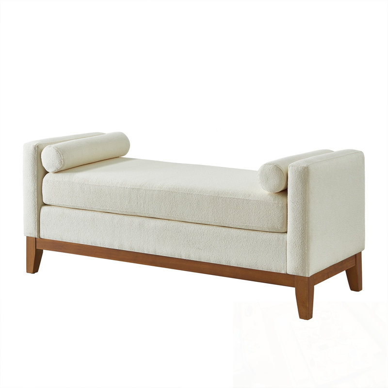 Boucle Fabric Bench with Armrest and Pillows, Beige