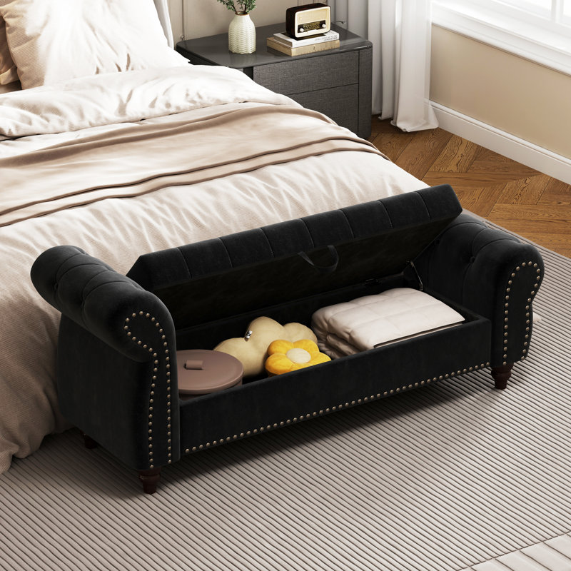 Black Velvet Bedroom Bench For Practical Storage - 64.5" Lounge Chaise Organizing Of, Black