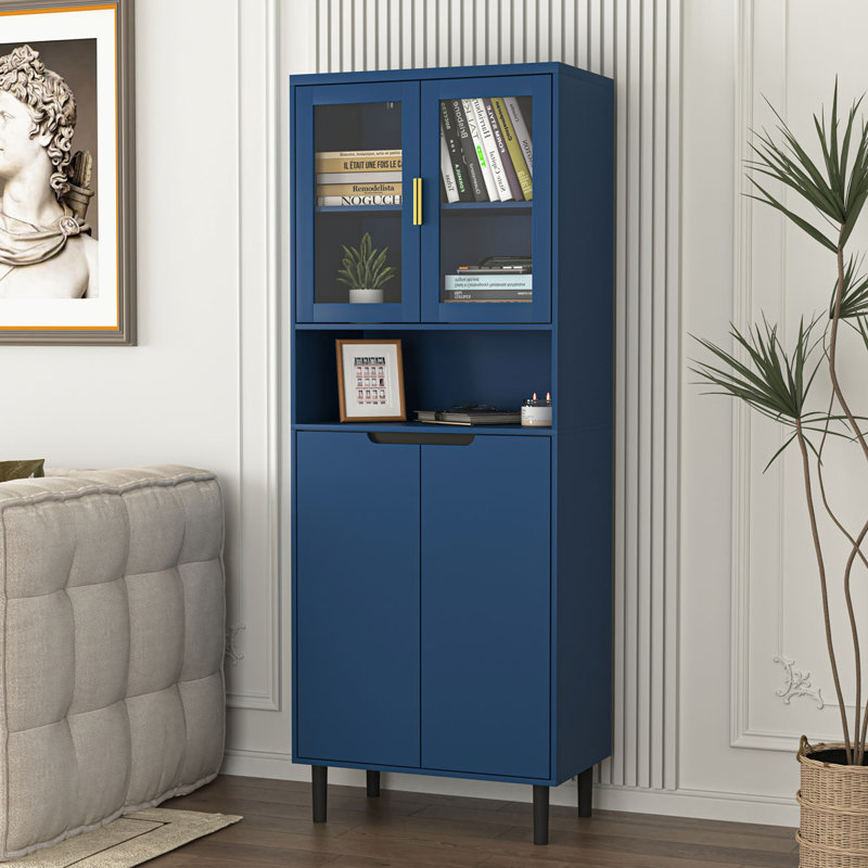 Grand bahut de 63 po avec 2 portes vitrées et 2 portes, Bleu