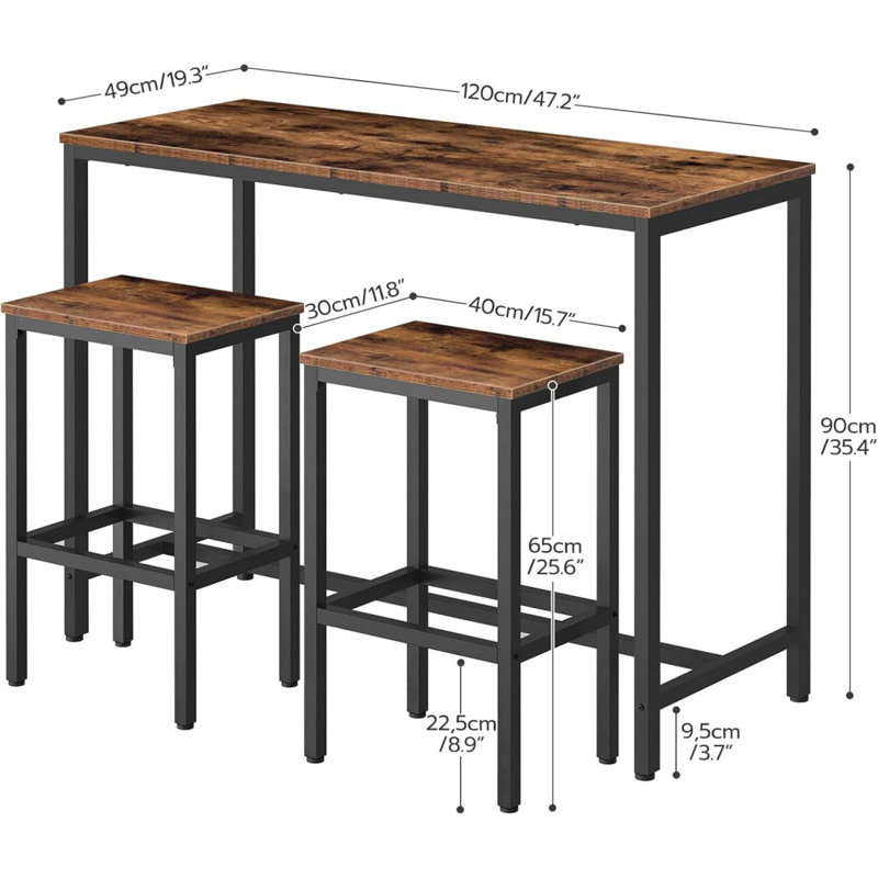 Bar Table And Chairs Set, 47.2” Rectangular Pub Table With 2 Stools For Small Space, High Top Table, 3-Piece Breakfast Table Set, Sturdy Metal Frame, Easy To Assemble, Rustic Brown