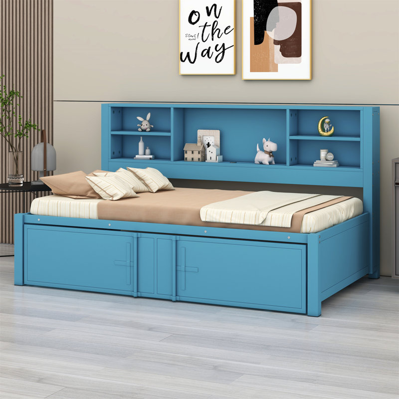 Metal Storage Daybed with Trundle,Shelves and USB Ports, Blue/Black