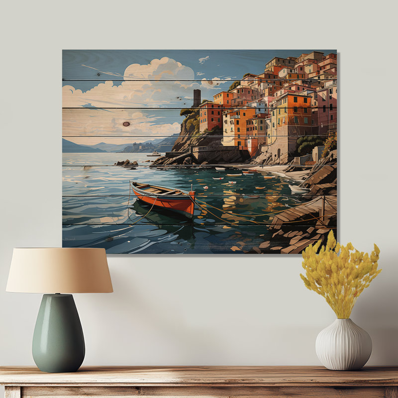 Beige, Italie, Cinque Terre I sur bois, H 30 po x l 40 po x P 0,78 po