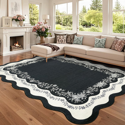 Tapis festonné moderne lavable à la machine Tapis antidérapant antidérapant à poils courts Coussin décoratif doux Tapis d'intérieur pliable floral pour le salon Chambre à coucher Salle de jeux