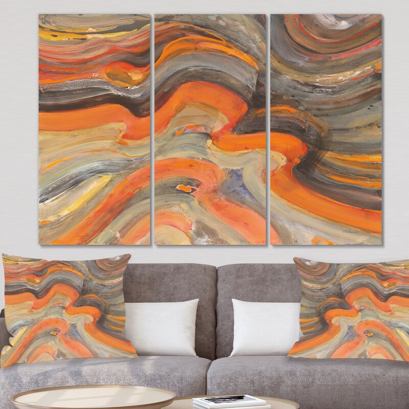 Abstract Gilded Orange Waves On Canvas 3 Pieces Painting