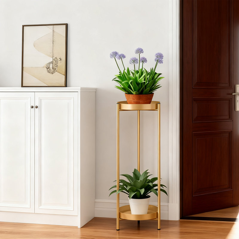 Grand support à plantes en métal - étagère à fleurs à 2 niveaux de 30 pouces avec 2 tablettes de présentation amovibles pour le balcon de la chambre à coucher (or) - Cadeaux pour la pendaison de crémaillère