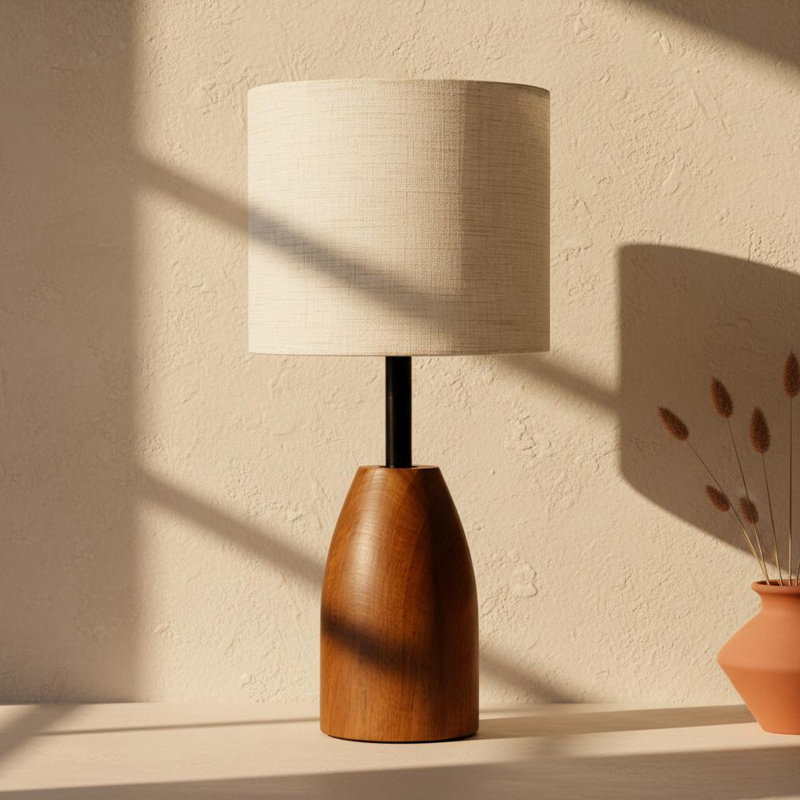 Solid Wood Table Lamp with Linen Shade – Mid-Century 3 Color for Living Room & Bedroom