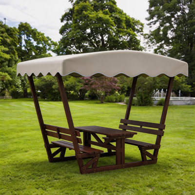 Banc de balançoire d'extérieur en bois avec auvent, balançoire de patio 2 places avec table centrale