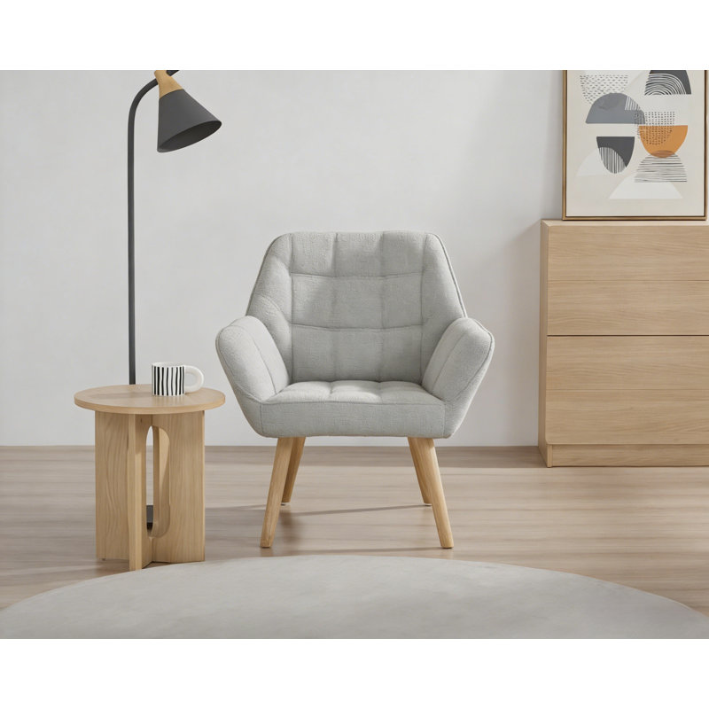 Modern Button Tufted Accent Chair, Wide Arms Solid Wood Frame Soft Gray Fabric, Multi-functional Dining Office Reading Armchair for Living Room Bedroom Office