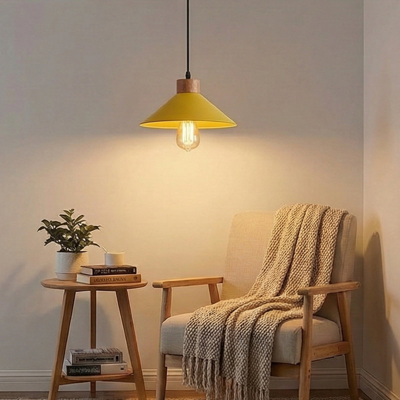 Luminaire suspendu simple en métal à hauteur réglable avec base en bois, Jaune