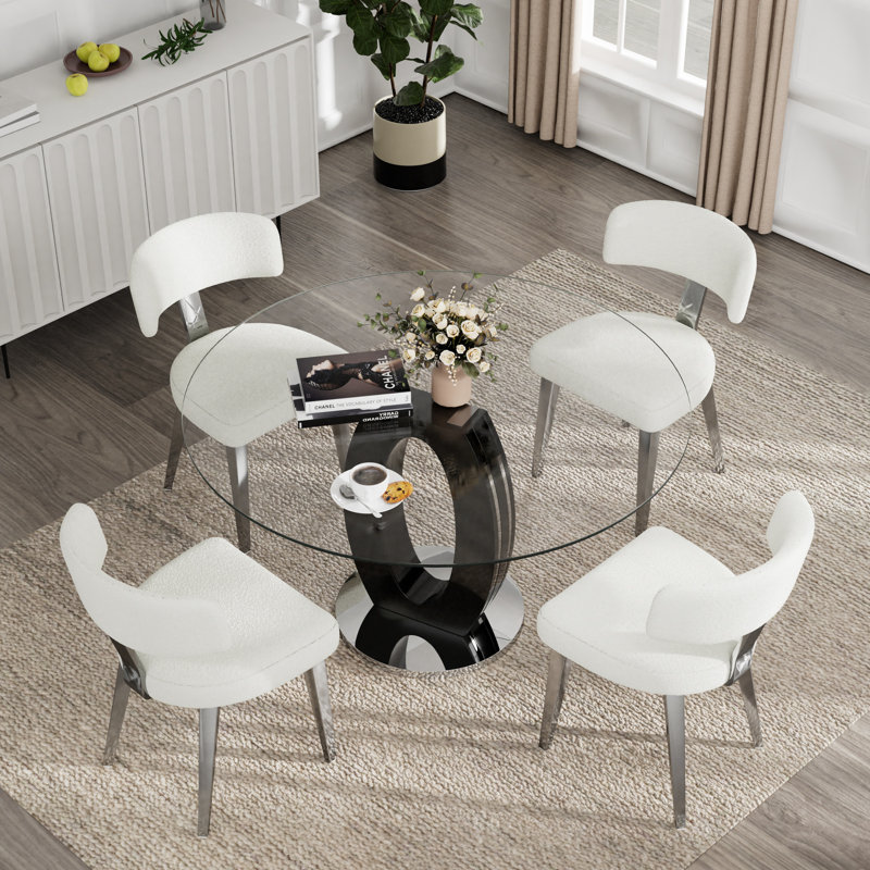 Ensemble de salle à manger à piédestal, table de salle à manger ronde 47 po et chaises Teddy, 5, Argenté / blanc