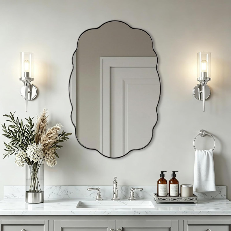 Miroir de salle de bain ovale contemporain festonné ondulé | Cadre en acier inoxydable, Chrome poli, 30 po x 22 po