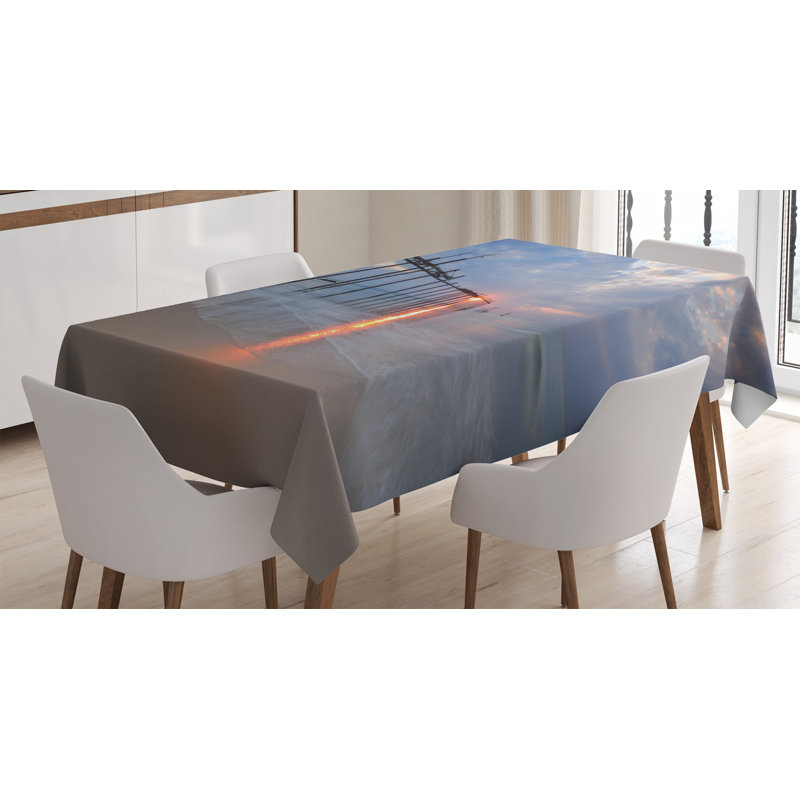Ambesonne Landscape Tablecloth, Sunbeams And Old Bridge At Pilai Beach Sunset Thailand Tropical Seascape Picture, Rectangular Table Cover For Dining Room Kitchen Decor, 60" X 90", Grey Beige