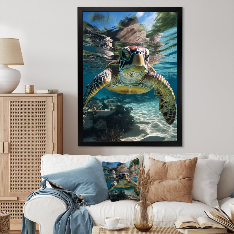 «Green Teal Turtle Portrait Stunning - Marine Animals», art mural sur toile, H 32 po x l 24 po x P 1 po, Cadre simple noir