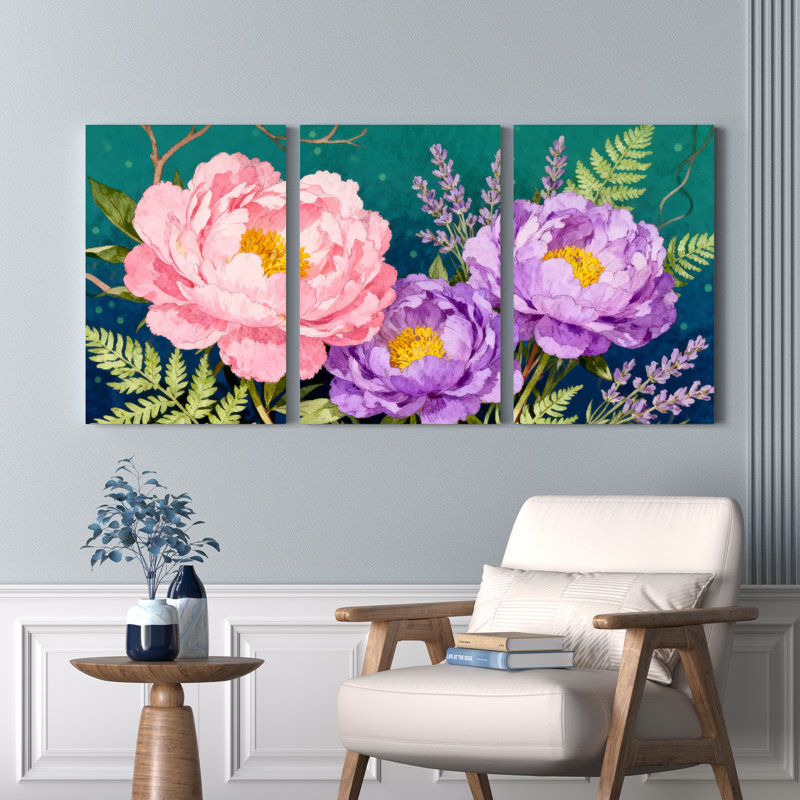 Pivoine et lavande, reproduction d'art sur toile tendue sur toile, ensemble de 3, H 30 po x l 60 po