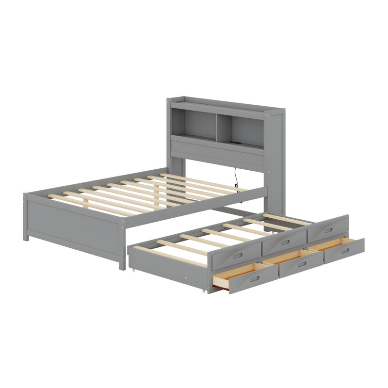 Lit plateforme avec lit gigogne, tiroirs et prises USB, Gris