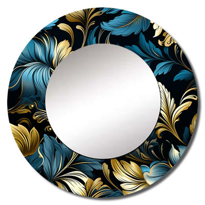 Gold And Blue Luxury Damask Serenade - damask  Decorative Wall Mirror, Gold Mirror, Printed Metal Art