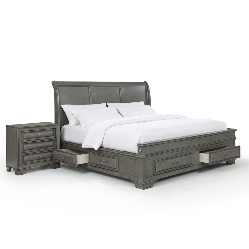 Ensemble de chambre à coucher Goldene avec plateforme de rangement 2 pièces, Grey, Deux pièces : Lit et table de chevet