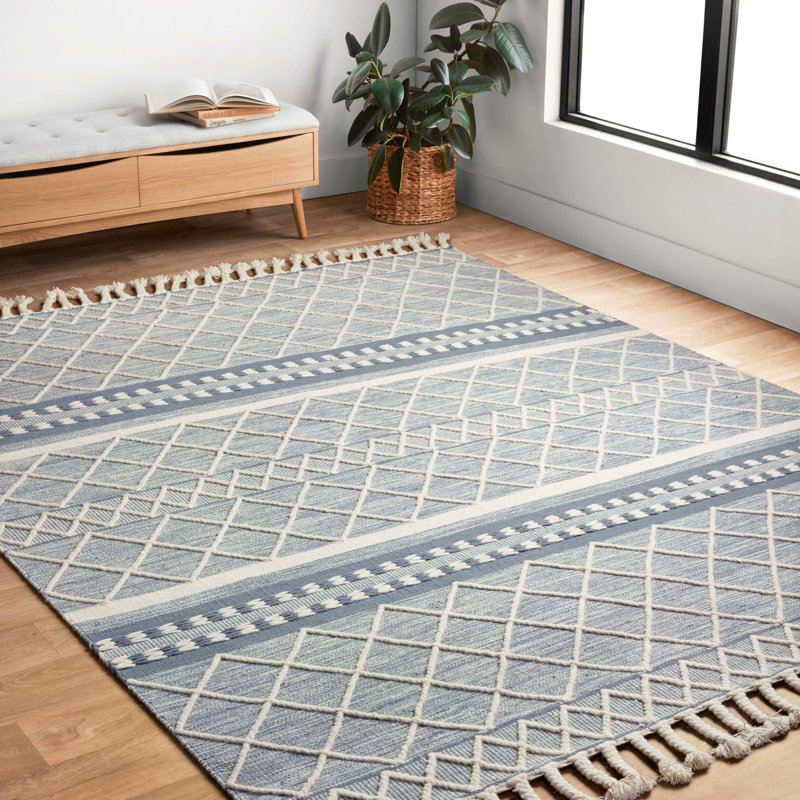 Tapis bleu / gris / beige en laine noué à la main Isidore, Rectangle 3 pi 6 po x 5 pi 6 po